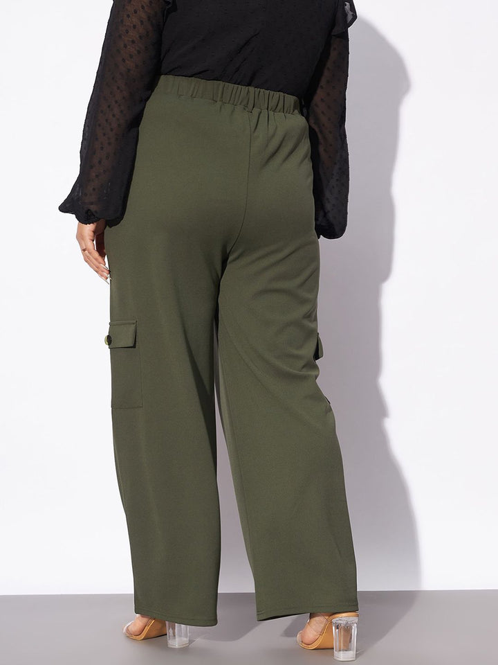 SASSAFRAS Curve Women Plus Size Olive Green Straight Fit Pleated-Front Cargos Trousers