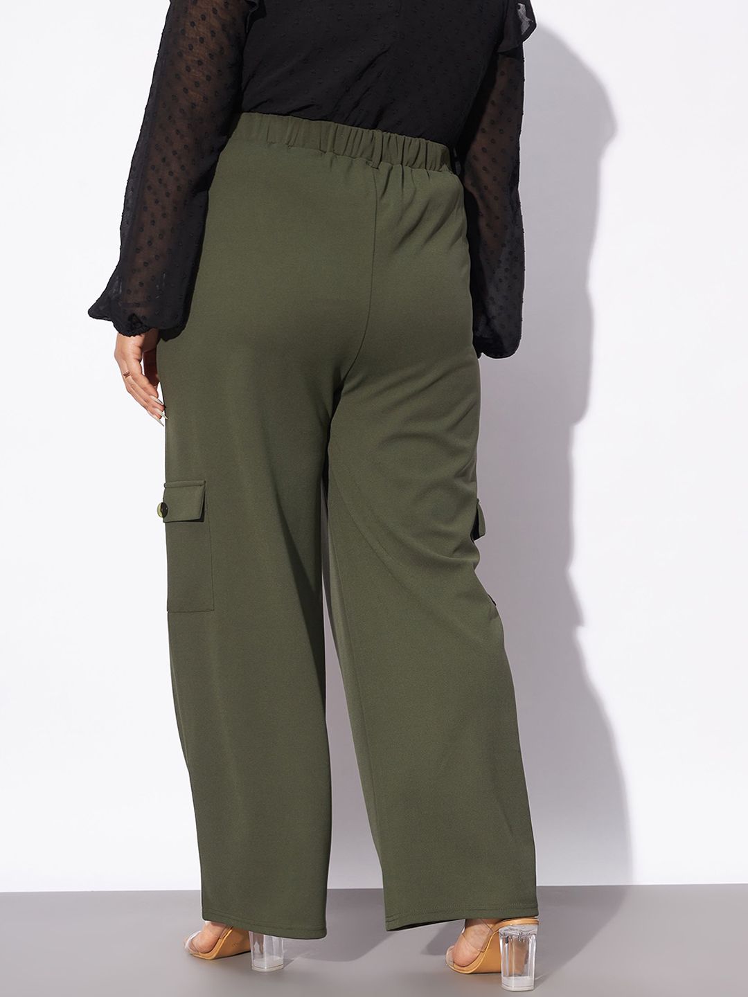 SASSAFRAS Curve Women Plus Size Olive Green Straight Fit Pleated-Front Cargos Trousers