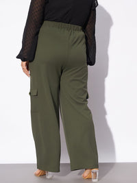 SASSAFRAS Curve Women Plus Size Olive Green Straight Fit Pleated-Front Cargos Trousers