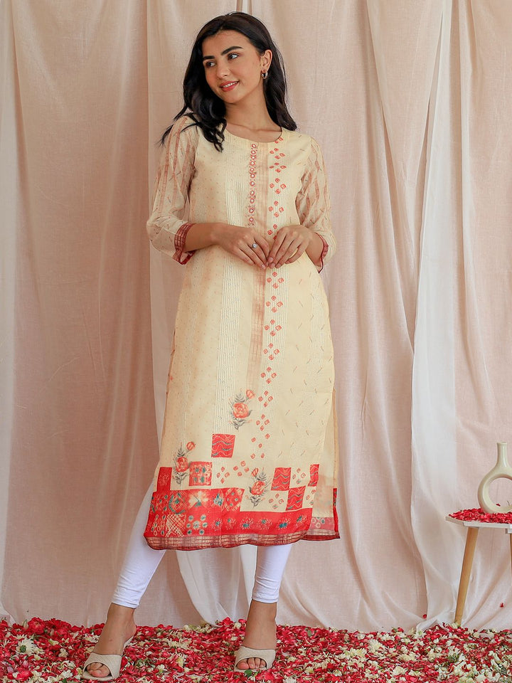 Libas Ethnic Motifs Printed Round Neck Chanderi Silk Kurta