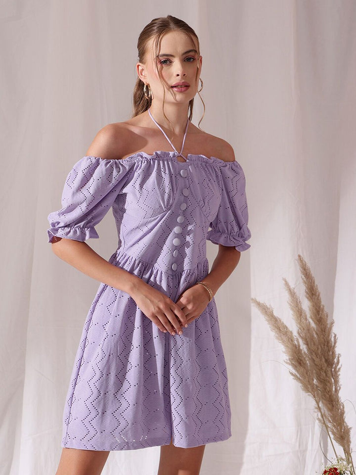 STREET 9 Off-Shoulder Puff Sleeve Schfilli A Line Dress