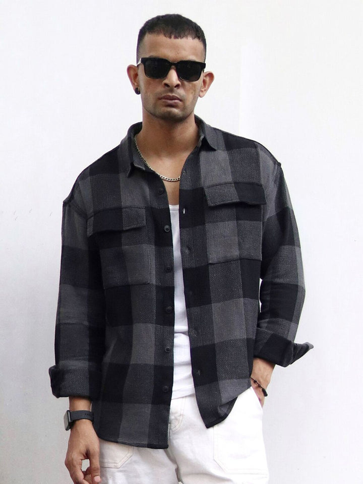 Powerlook Black India Slim Oversized Buffalo Checks Opaque Pure Cotton Casual Shacket