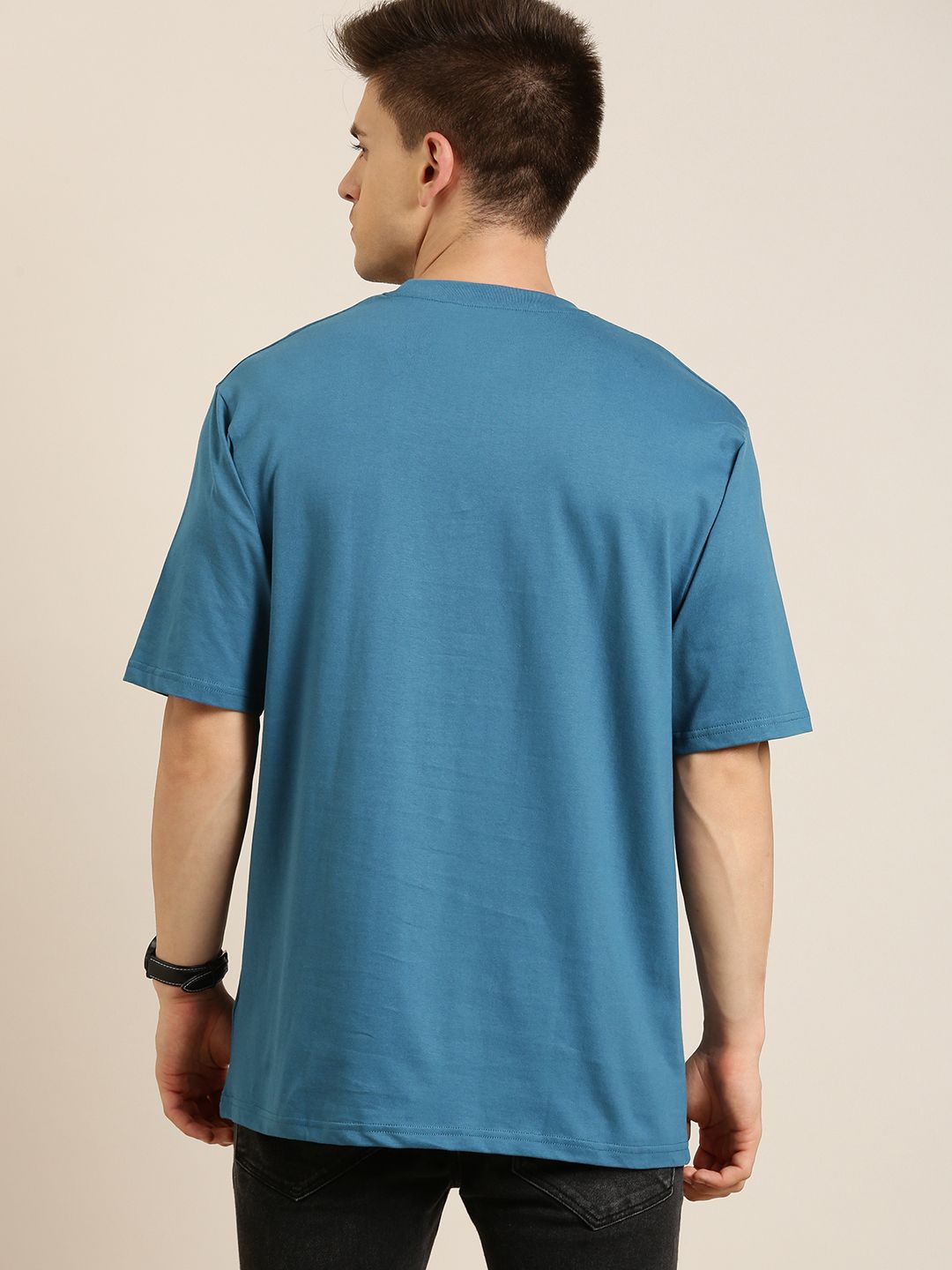 Difference of Opinion Men Teal Blue Pure Cotton Drop-Shoulder Oversized Fit T-shirt