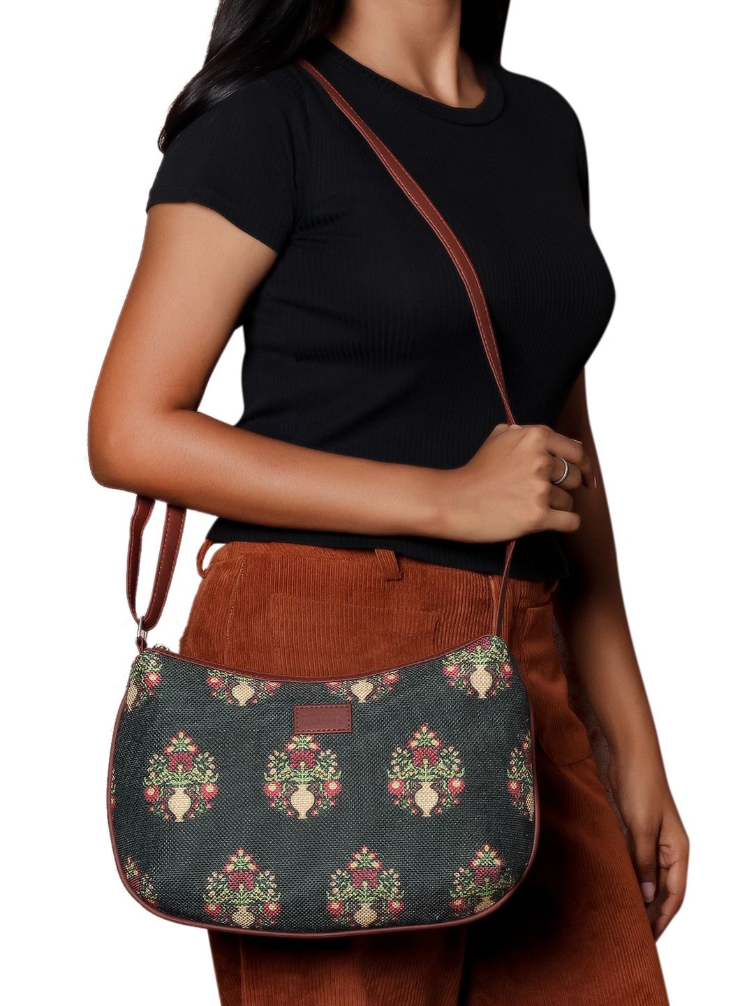 ZOUK Black & Red Ethnic Motifs Printed Half Moon Sling Bag