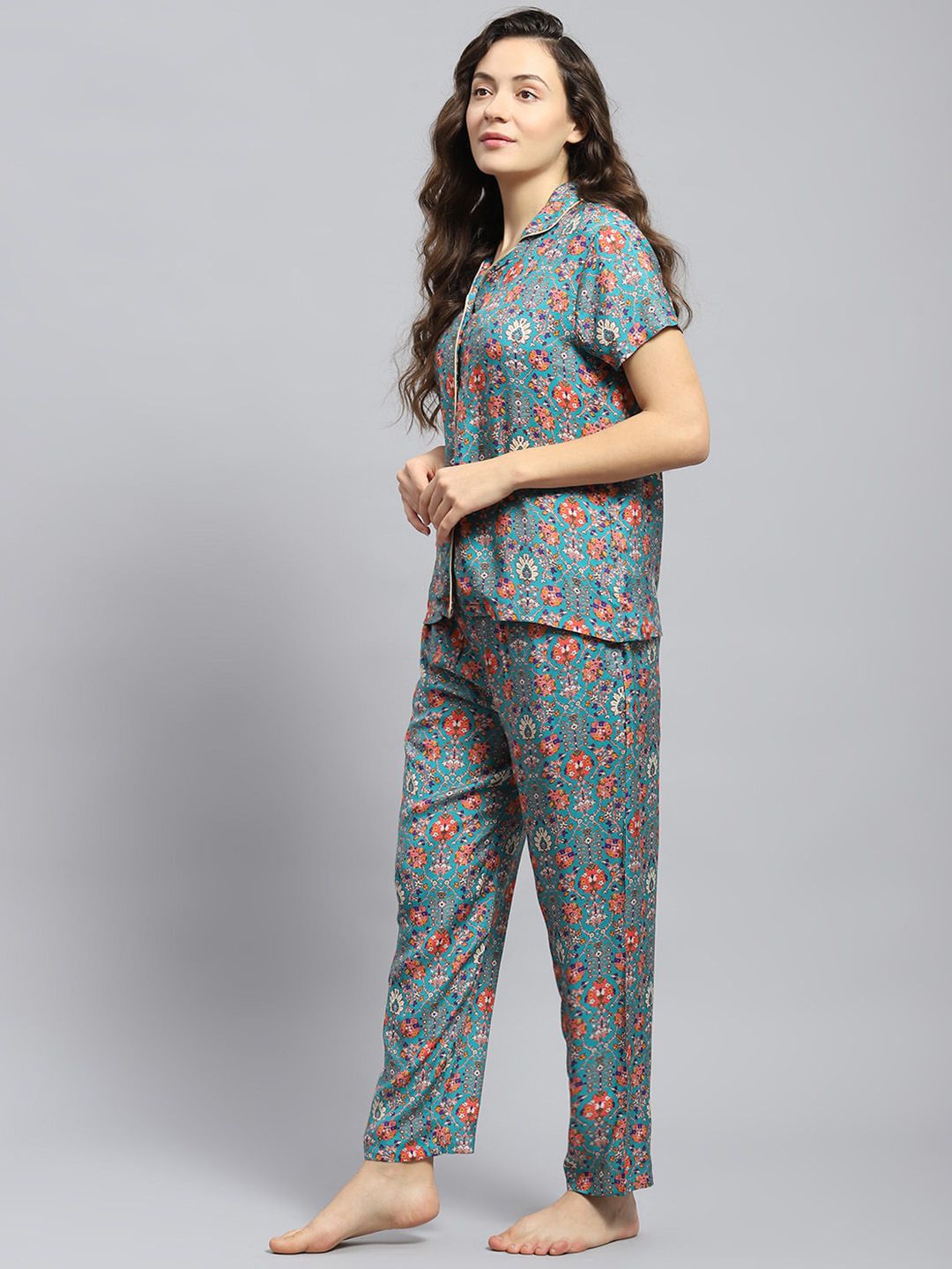 Monte Carlo Floral Printed Lapel Collar Night suit