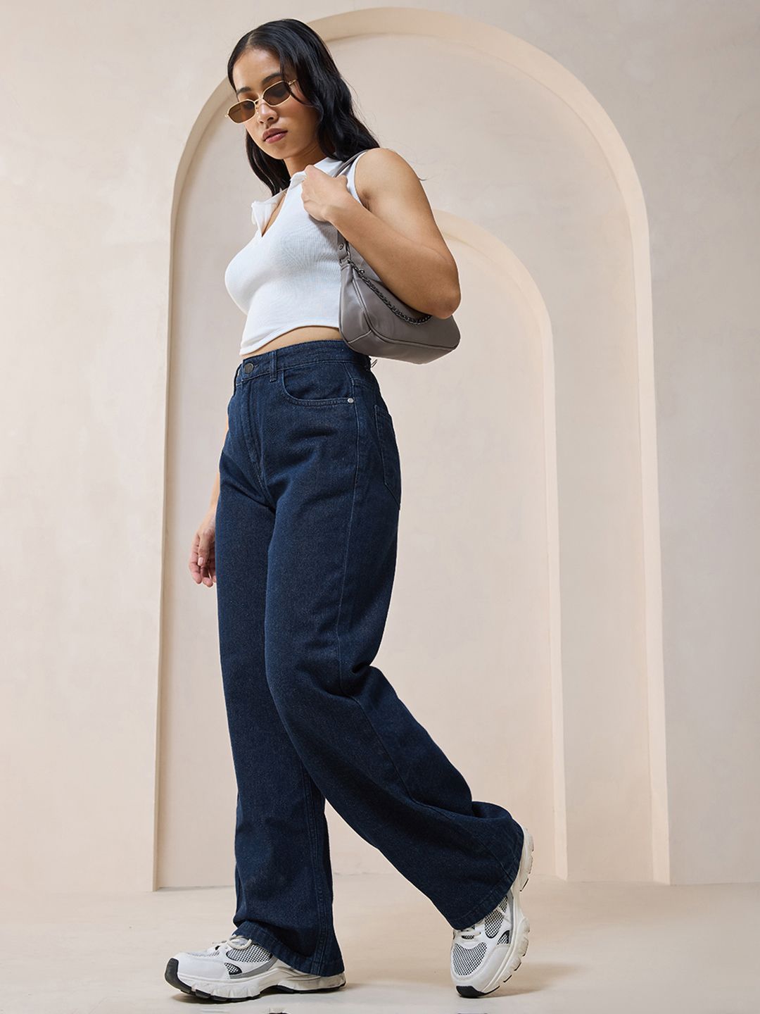 Bewakoof Women Blue Baggy Wide Leg Clean Look Cotton Jeans