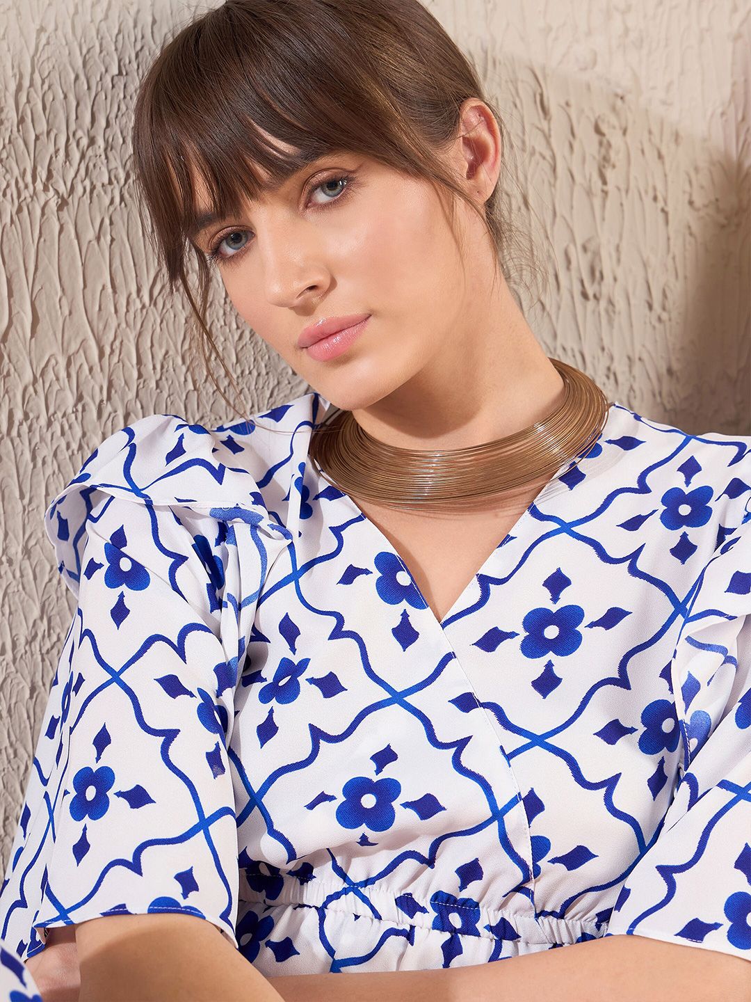 SASSAFRAS Navy Blue Ethnic Motifs Printed Flared Sleeve Layered A-Line Dress