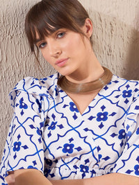 SASSAFRAS Navy Blue Ethnic Motifs Printed Flared Sleeve Layered A-Line Dress