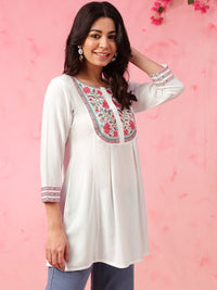 Anouk White Floral Embroidered Thread Work Liva Straight Short Kurti