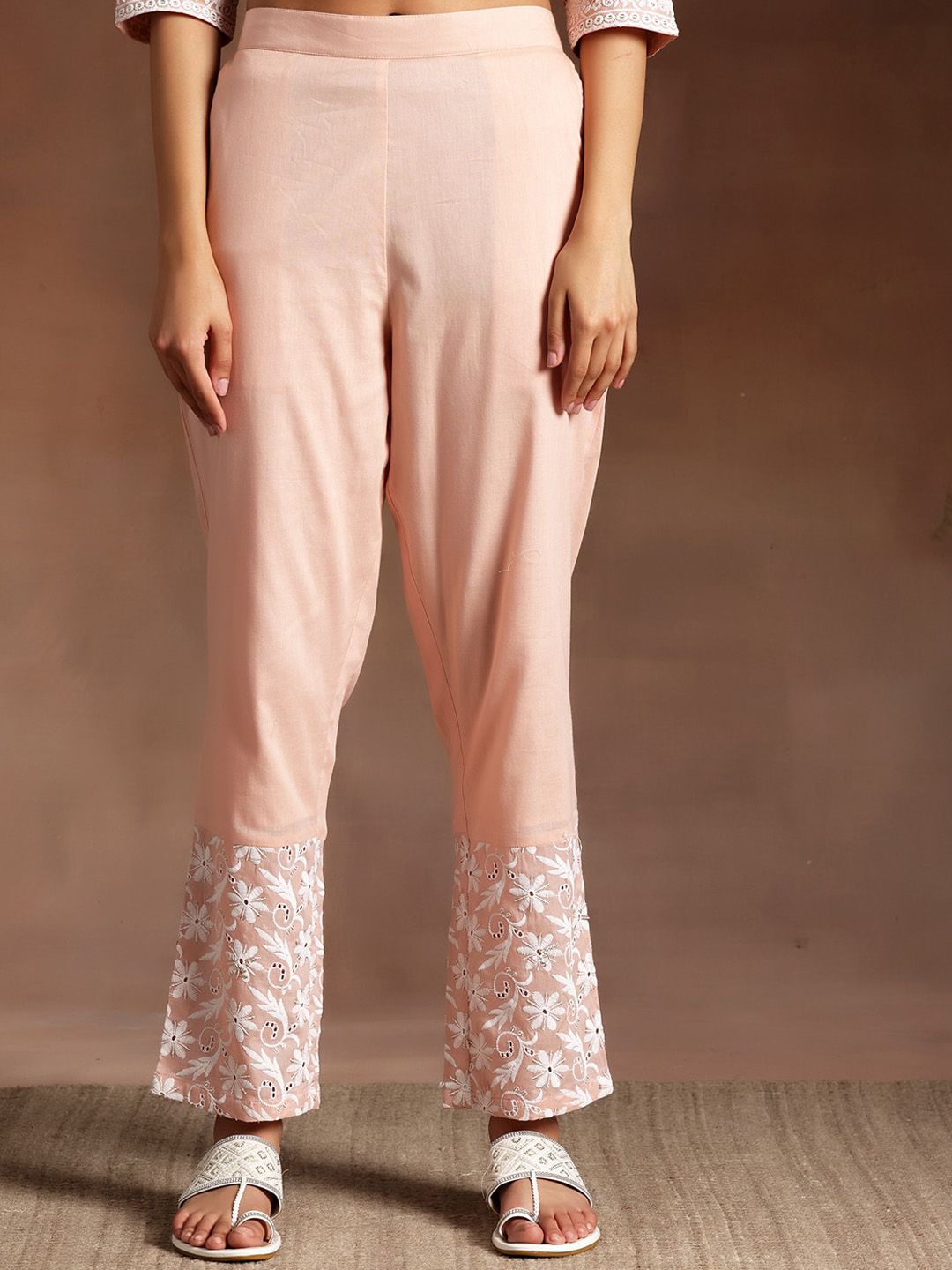 Libas Peach Ethnic Motifs Embroidered V-Neck Thread Work Pure Cotton A-Line Kurta Set