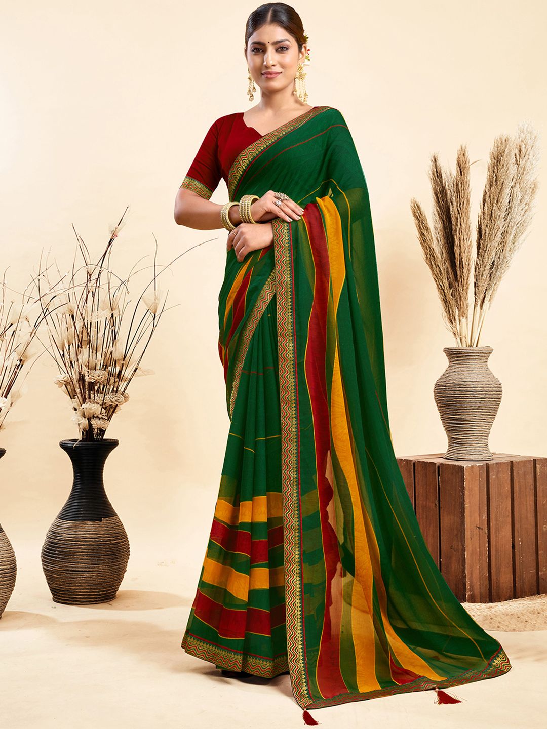 KALINI Striped Printed Pure Chiffon Saree