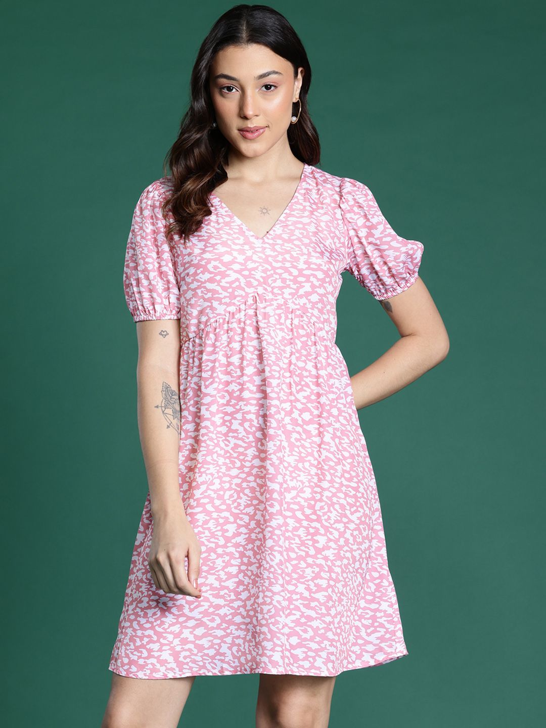 DressBerry Print Puff Sleeve Empire  Dress