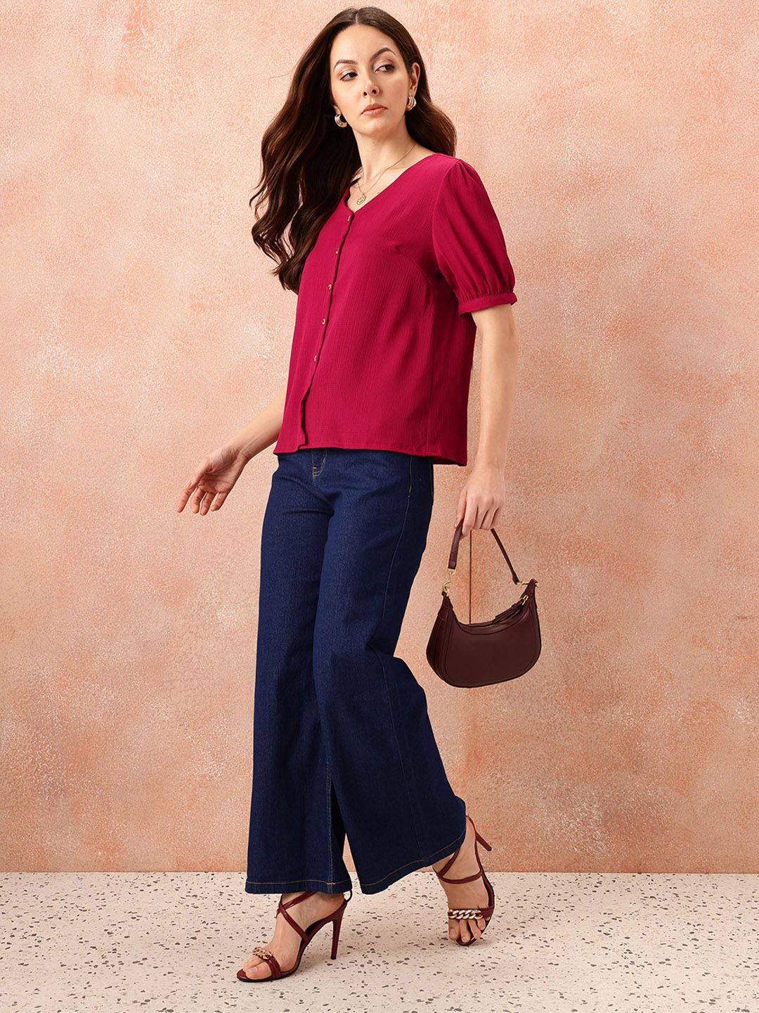 all about you Textured Puff Sleeves Top