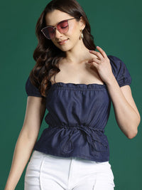 DressBerry Puff Sleeve Chambray Cinched Waist Top
