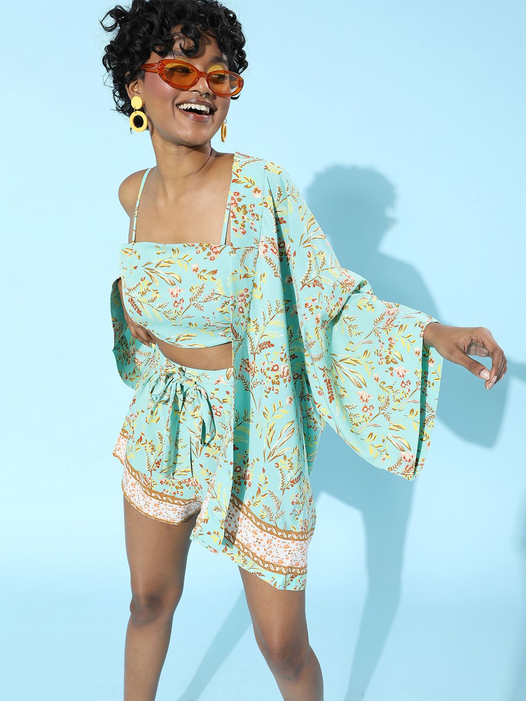 Berrylush Women Enchanting Sea Green 3 Piece Printed Jumpsuit