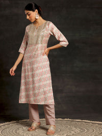 Libas Beige Ethnic Motifs Printed Sequinned Straight Kurta With Palazzos & Dupatta