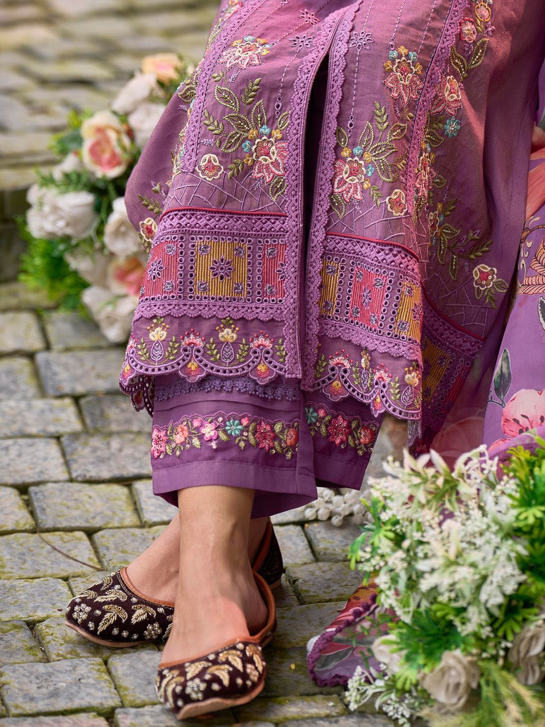 Indo Era Women Floral Embroidered Panelled Thread Work Kurta with Trousers & With Dupatta