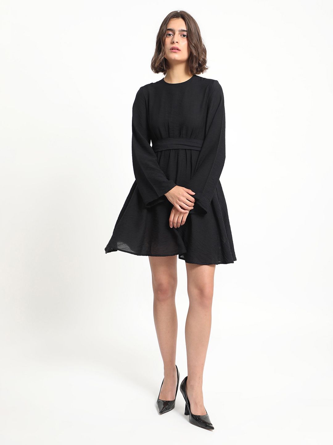 RAREISM Round Neck Flared Sleeves Gathered Fit & Flare Dress