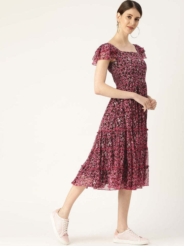 Antheaa Women Floral Printed Fit and Flare Tiered Dress With Smocked Detail