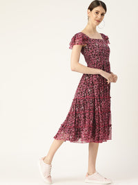 Antheaa Women Floral Printed Fit and Flare Tiered Dress With Smocked Detail