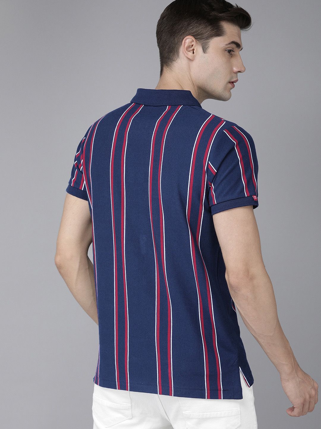 THE BEAR HOUSE Men Blue & Red Yarndyed Polo Collar Slim Fit T-shirt