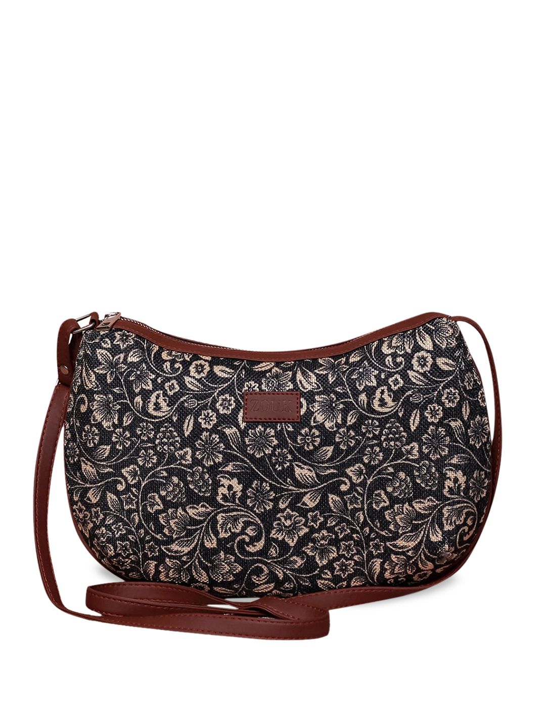ZOUK Black Floral Printed Half Moon Sling Bag