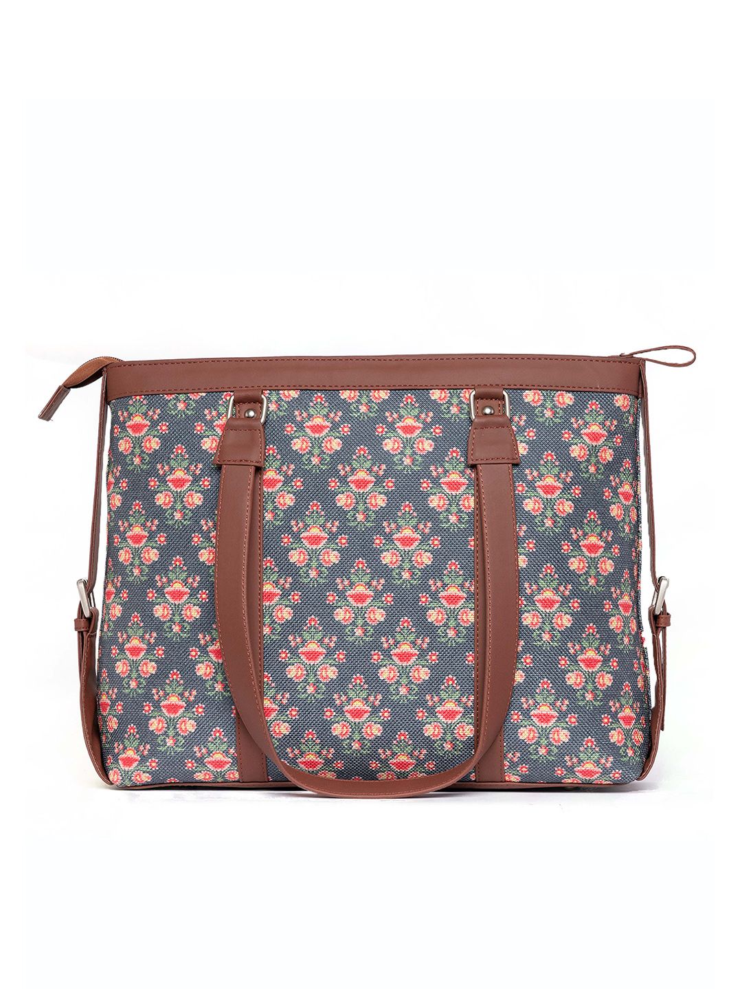 ZOUK Women Navy Blue & Brown Floral Laptop Structured Bag