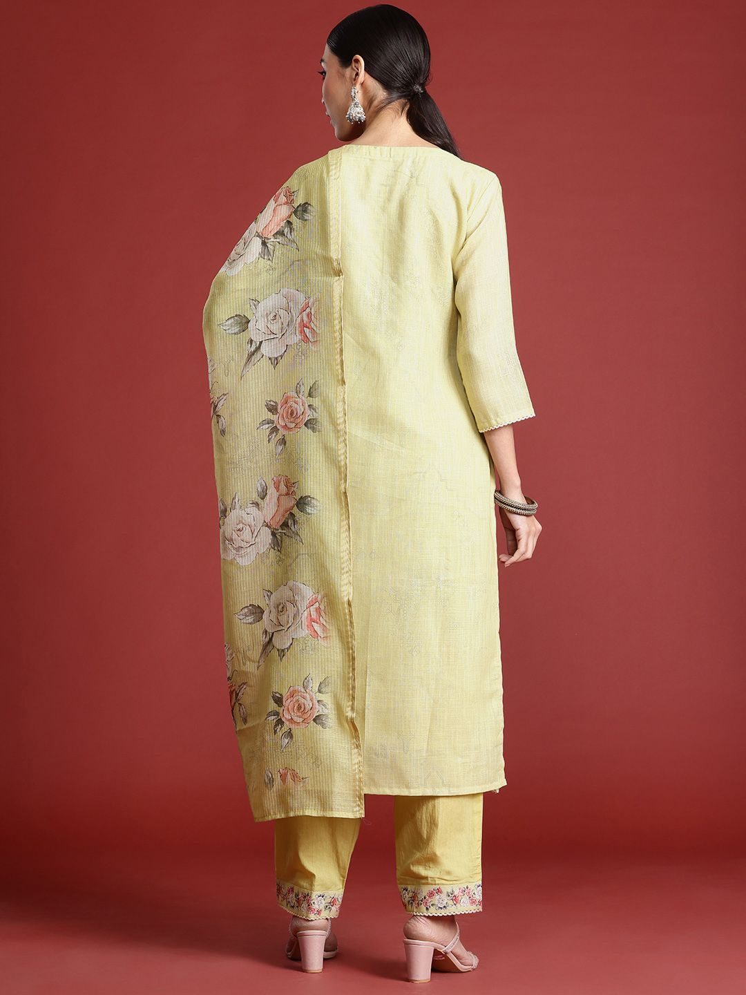 Indo Era Floral Embroidered Thread Work Linen Kurta with Trousers & With Dupatta