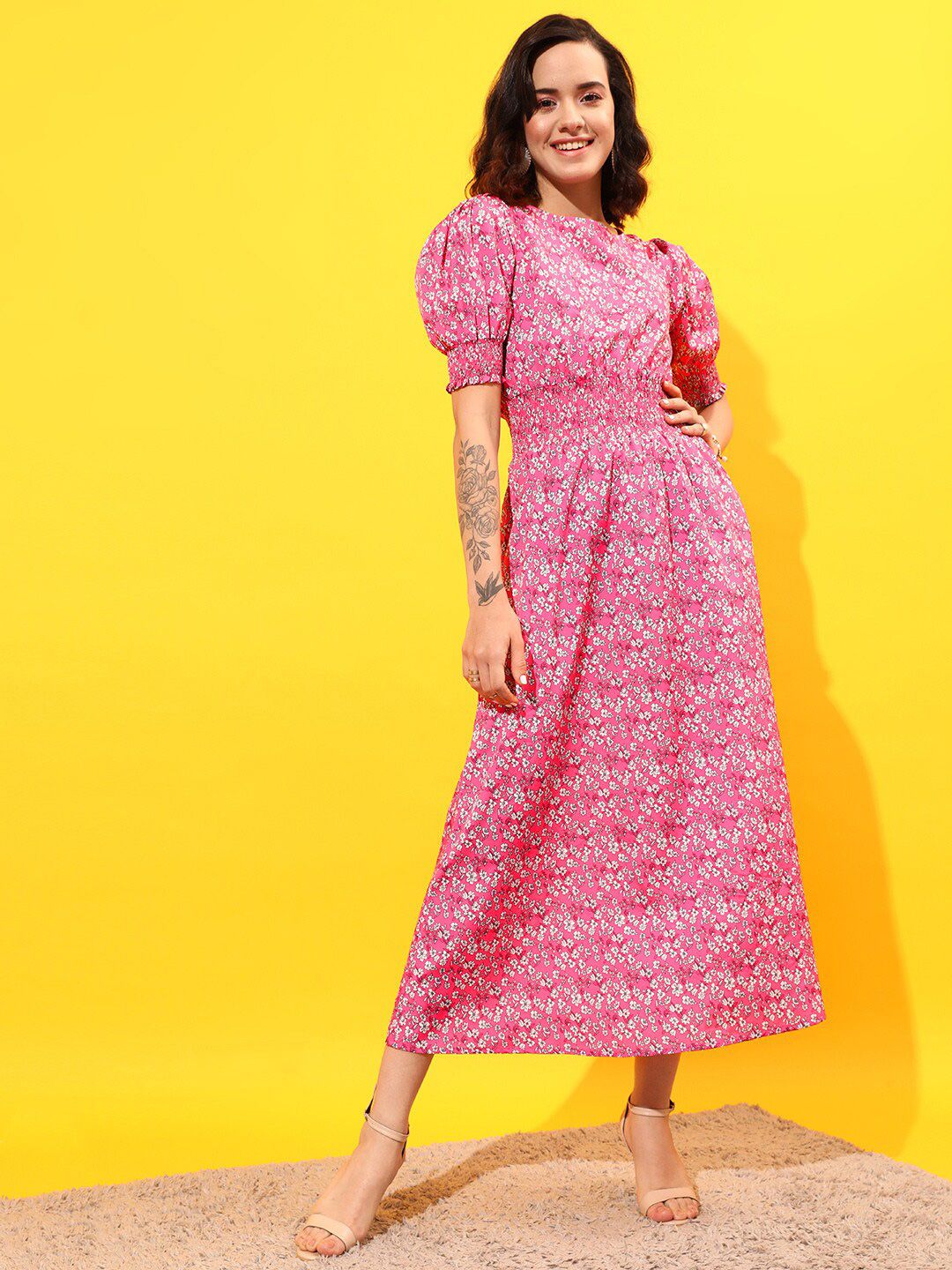 STREET 9 Floral Printed Puff Sleeves A-Line Dress