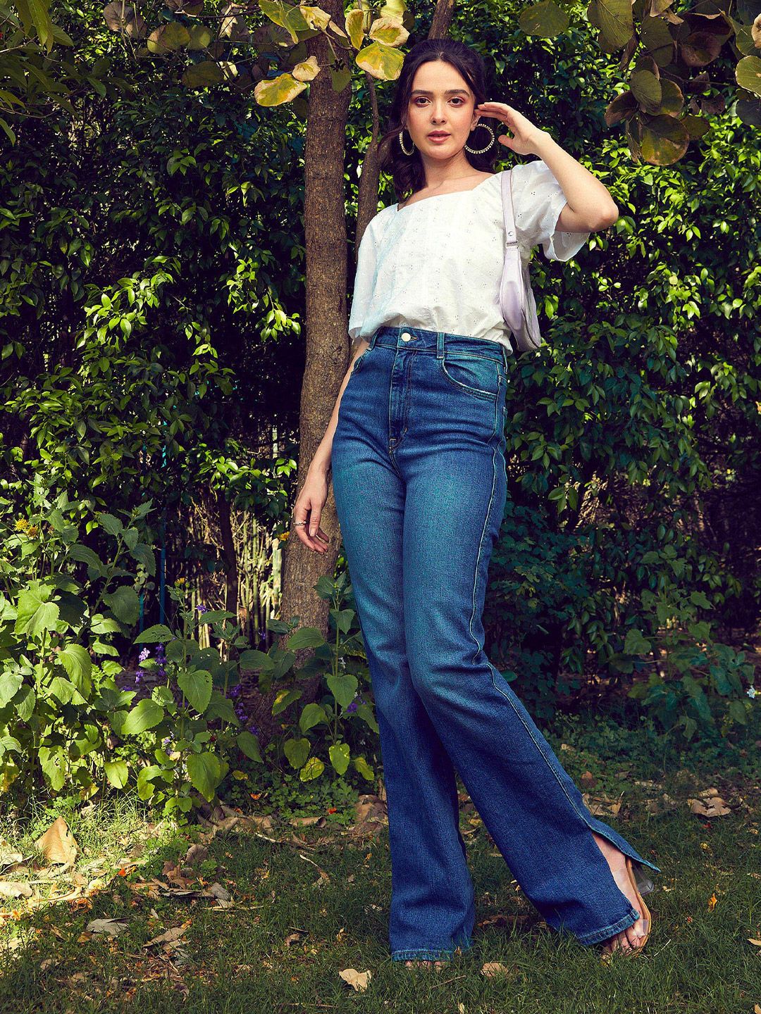 SASSAFRAS White Self Design Square Neck Puff Sleeves Pure Cotton Schiffli Top