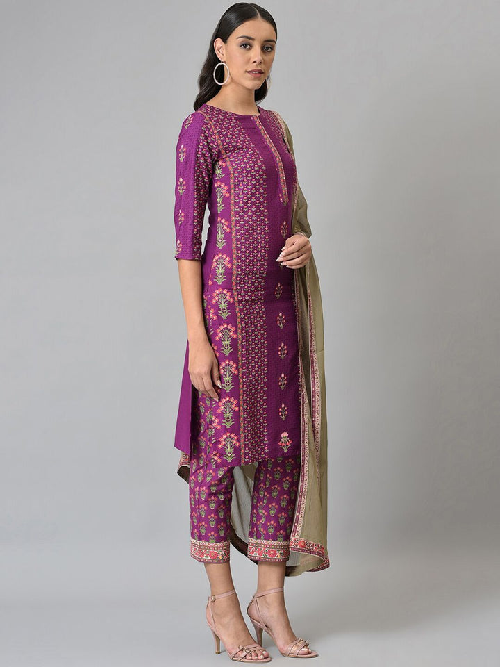 W Festive Floral Print Rayon Kurta With Straight Pant & Dupatta