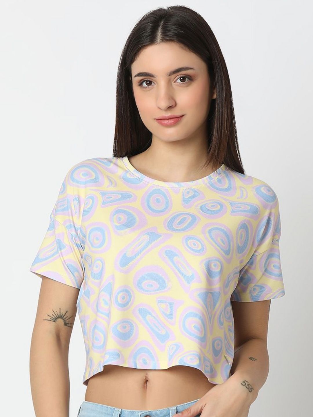 SPYKAR Women Abstract Printed Round Neck Cotton T-shirt