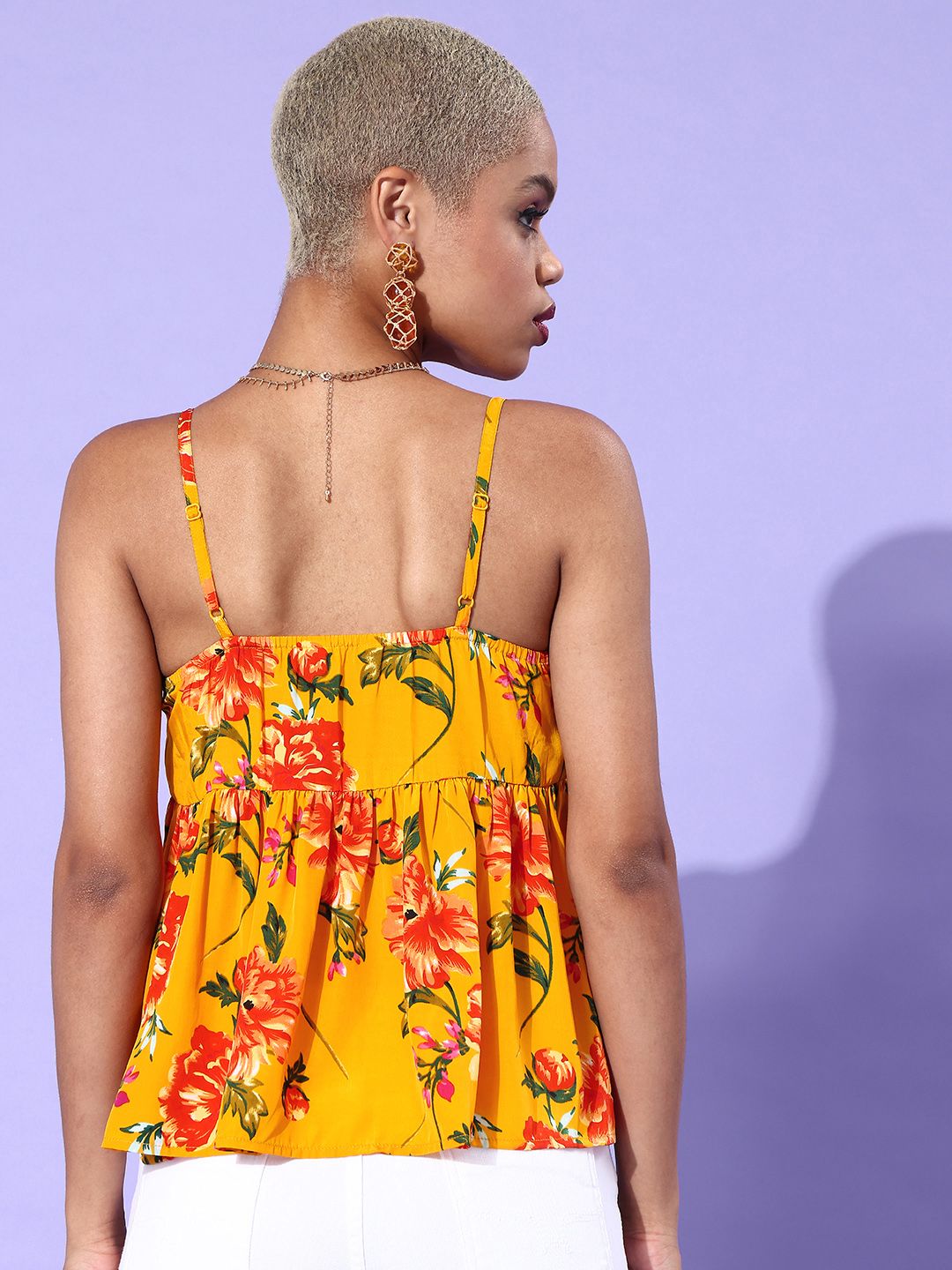 Berrylush Yellow Floral Crepe Peplum Crop Top