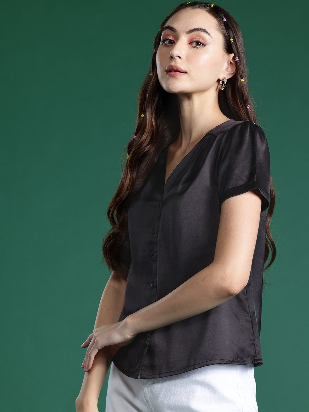 DressBerry Satin-Finish V-Neck Shirt Style Top