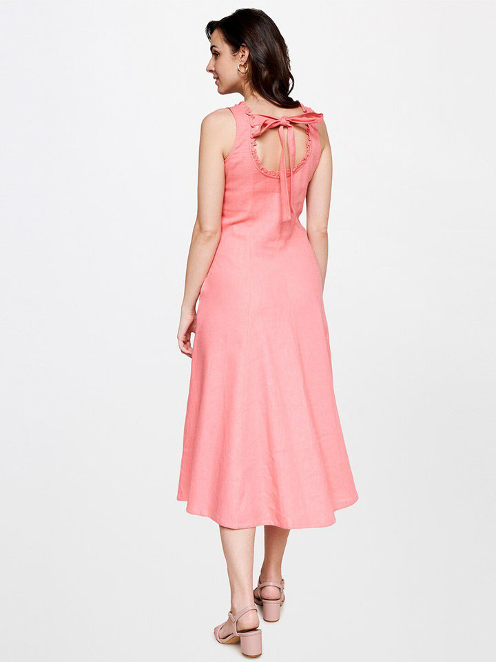 AND Round Neck Tie Up Linen A-Line Midi Dress