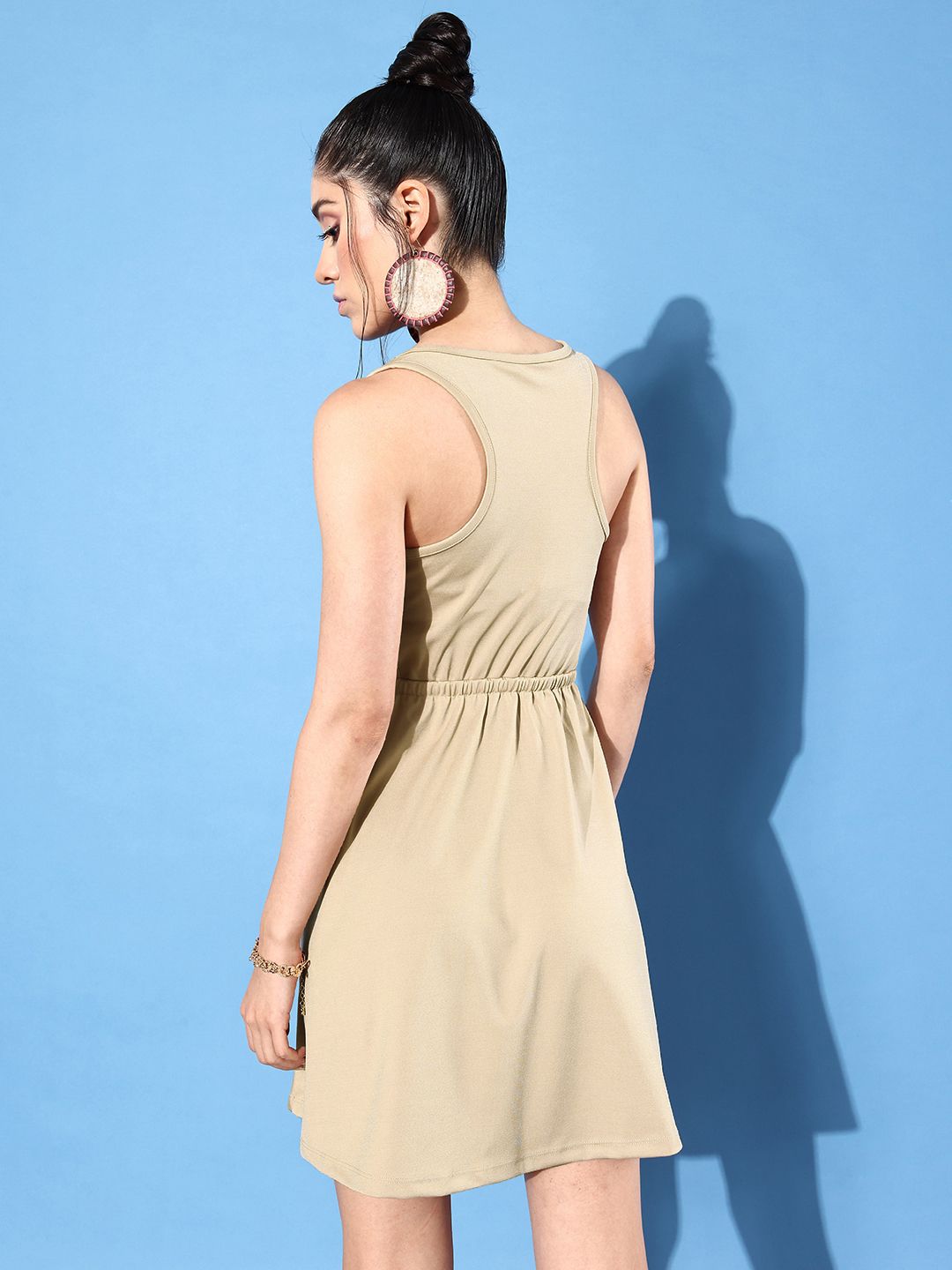 DressBerry Trendy Beige Solid Sleeveless Fit & Flare Vacay Attire Dress