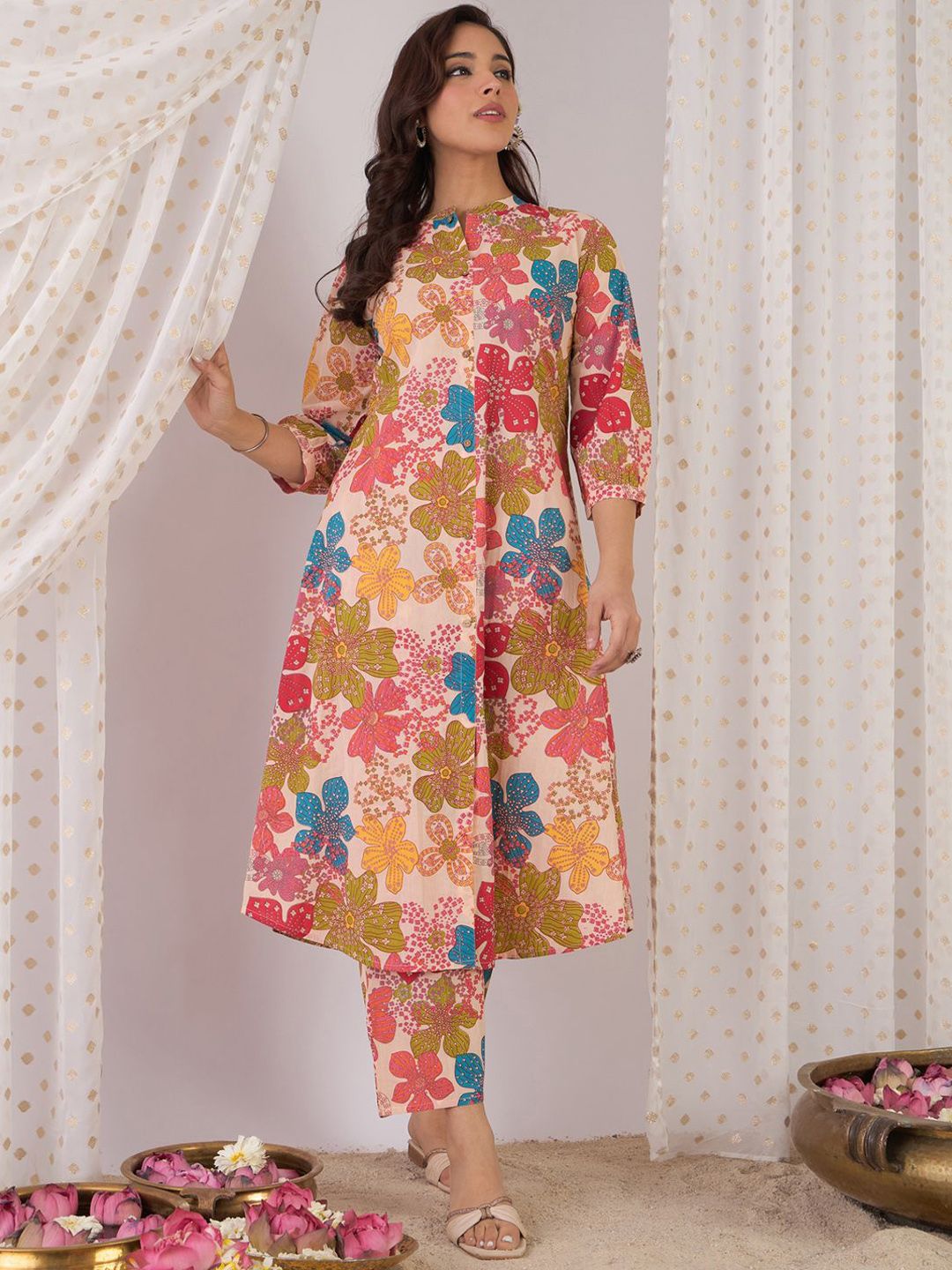 Indo Era Floral Printed Mandarin Collar Pure Cotton A-Line Kurta With Trouser