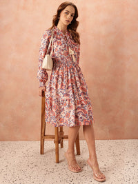 all about you Ethnic Motifs Print Tie-Up Neck Puff Sleeve Fit & Flare Dress