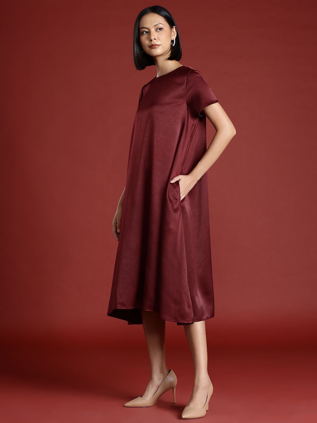all about you Satin Finish Flared Hem A-Line Midi Dress