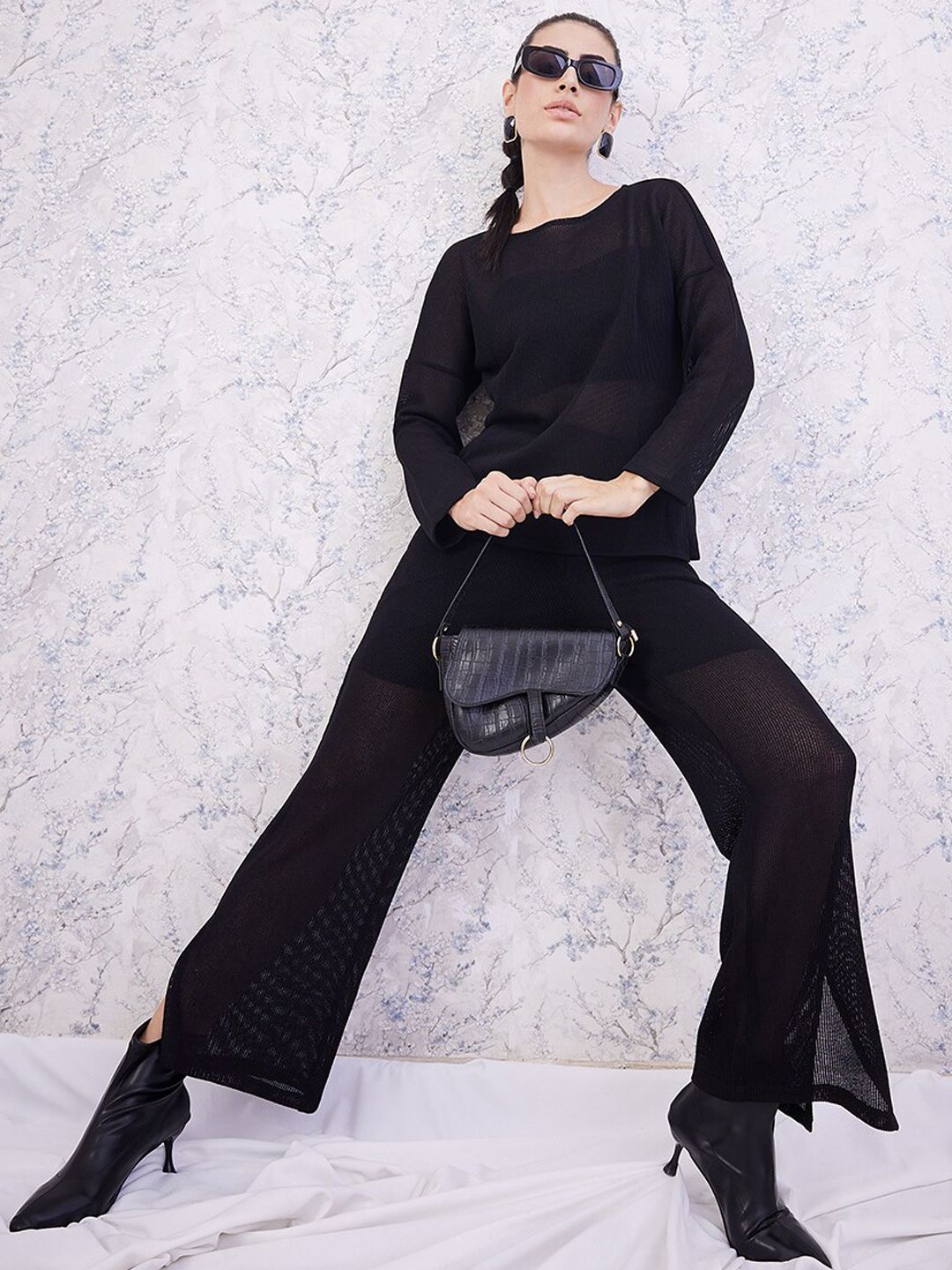 Athena Round Neck Semi-Sheer Top With Flared Trouser Co-Ords