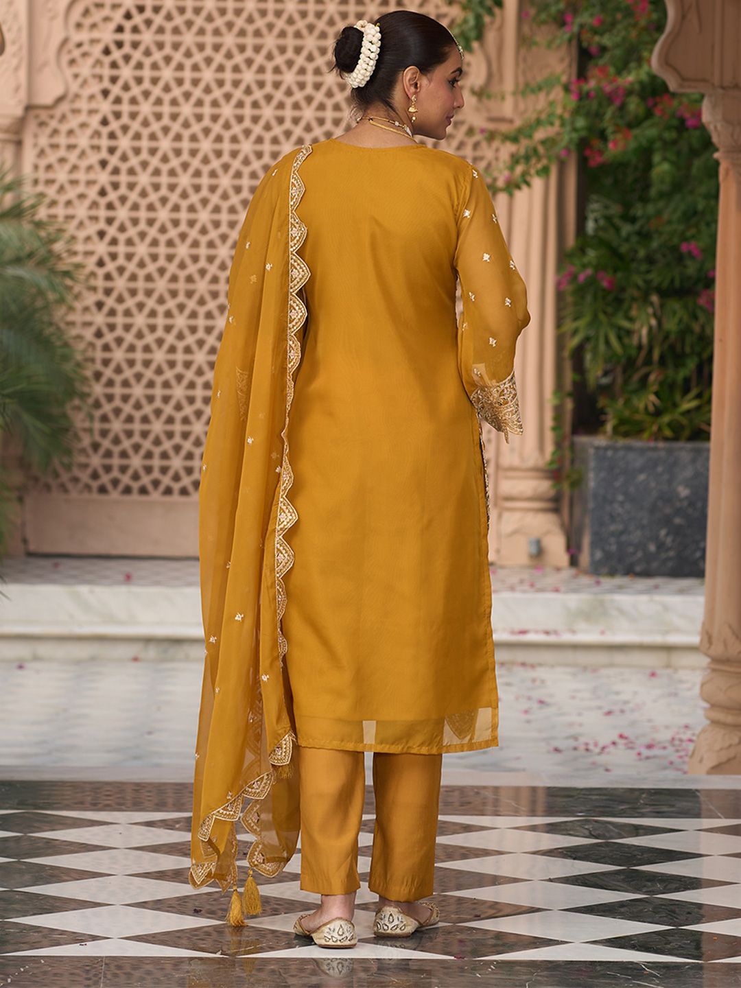 Indo Era Floral Embroidered Zari Organza Kurta With Trousers And Dupatta