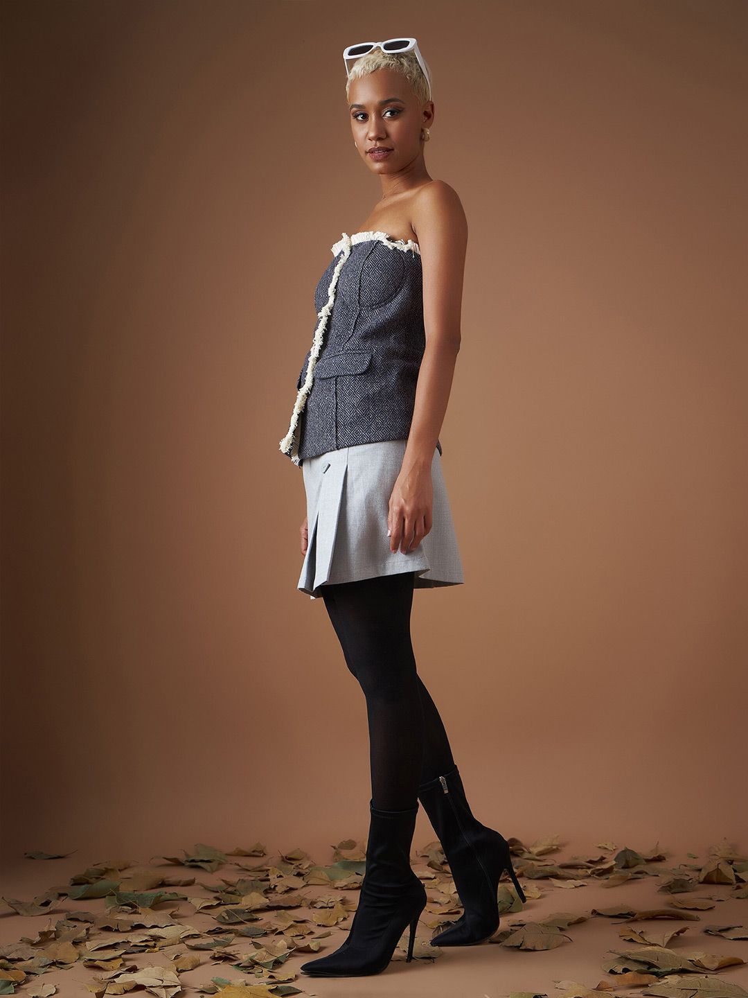 SASSAFRAS Jacquard Geometric Tweed Tube Top