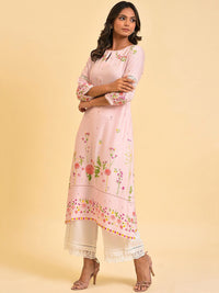 W Pink & Yellow Floral Printed Keyhole Neck Kurta