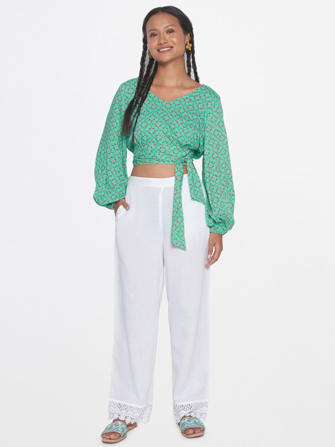 Global Desi Floral Print Puff Sleeve Crop Top