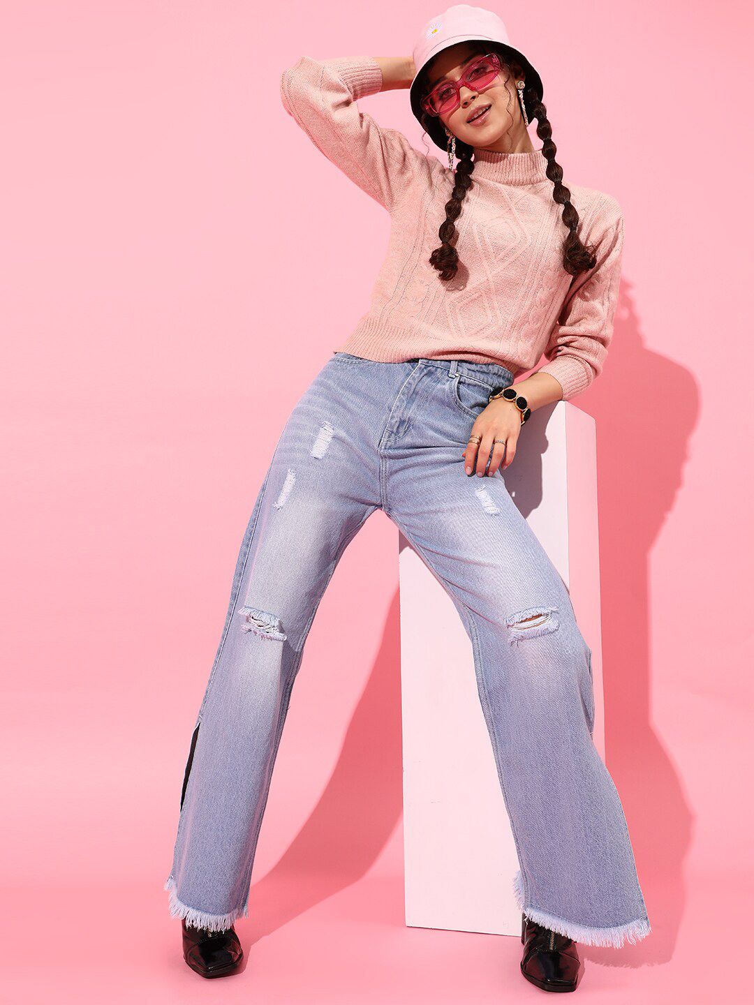 STREET 9 Women Elegant Peach Cable Knit Sweater