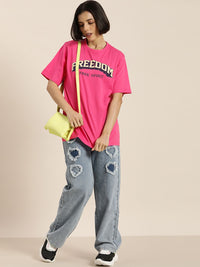 DILLINGER Women Pink & Cream-Coloured Typography Pure Cotton Oversized T-shirt