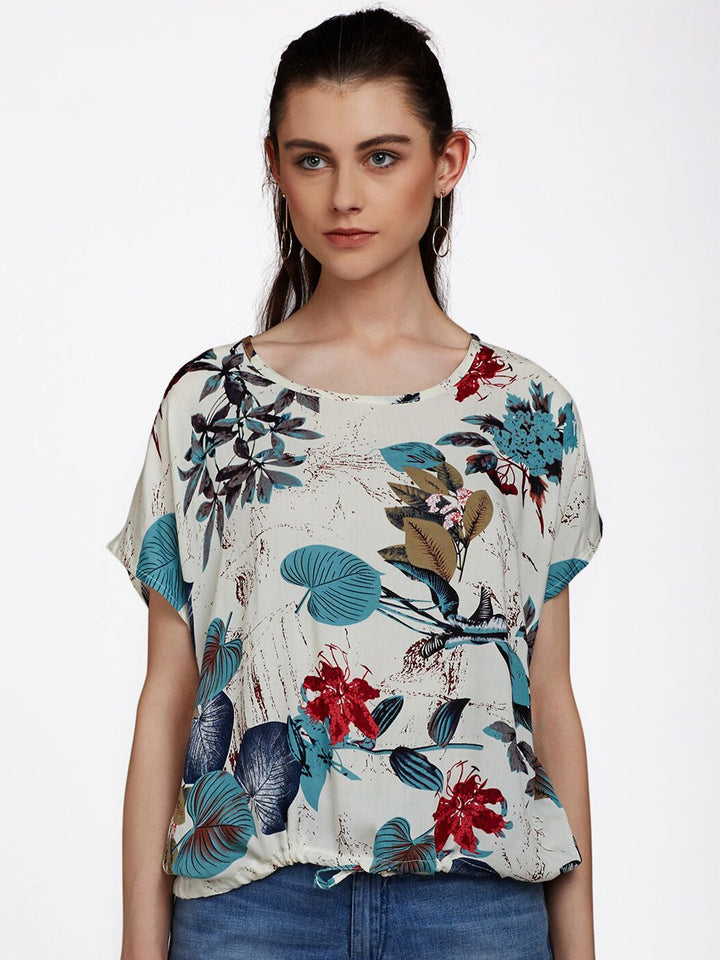 Berrylush White Floral Crepe Boxy Top