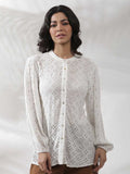 W Self Design Mandarin Collar Puffed Sleeves Shirt Style Top