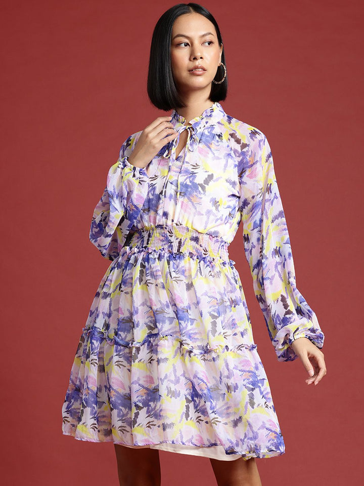 all about you Abstract Printed Puff Sleeve Fit & Flare Dress