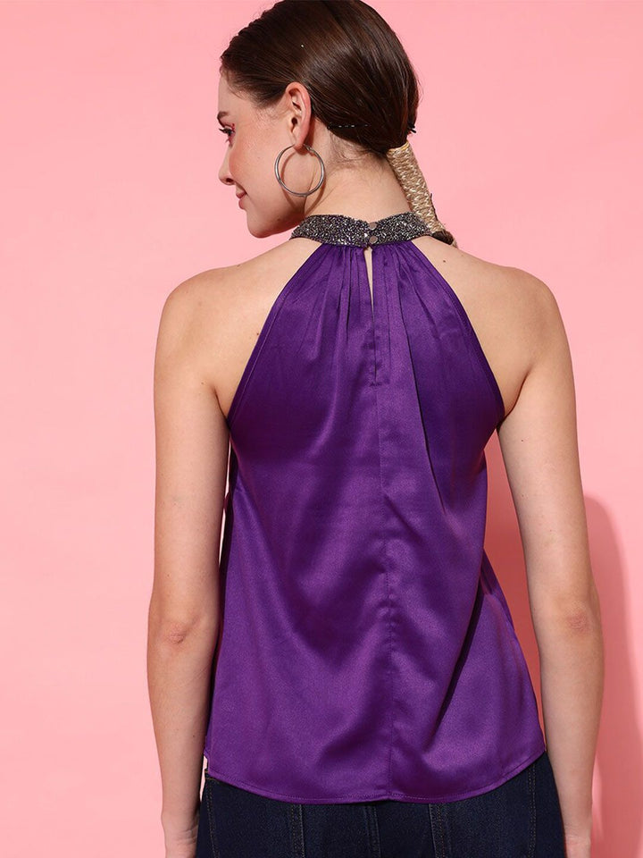 STREET 9 Purple Embellished Jewel Neck Styled Back Top